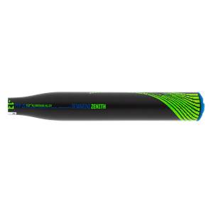 Side view of a black DeMarini Zenith fastpitch softball bat with green accents and a blue end cap.