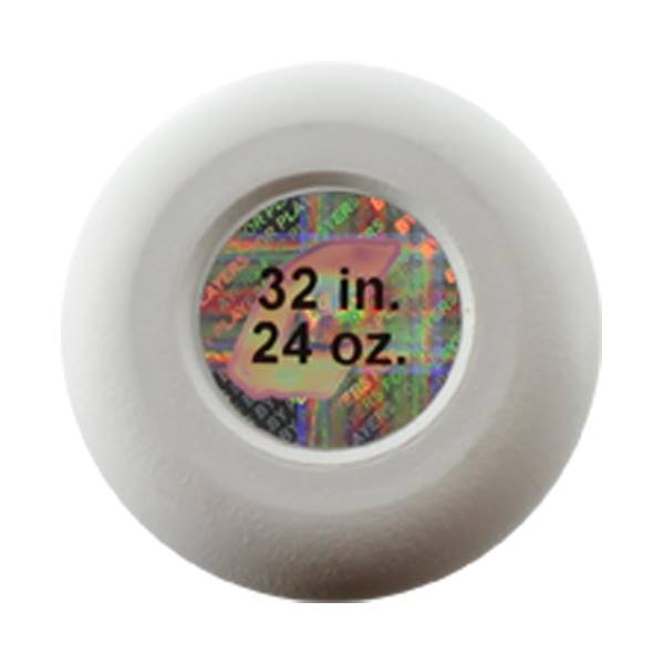 End cap view of a white baseball bat with 32 in. 24 oz. text.