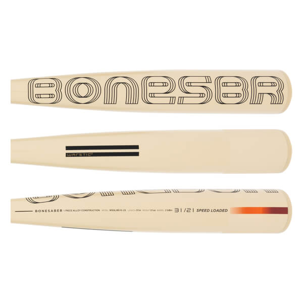 Multiple views of a cream baseball bat with black BONESABER and WARSTIC branding, and orange gradient detail.