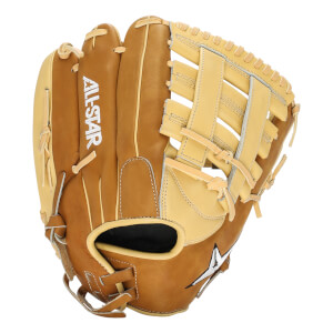 Front view of a tan and beige softball glove with ALL-STAR text and a star logo.