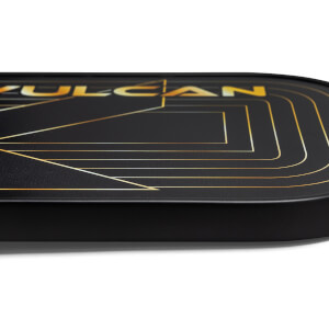 Side view of a black pickleball paddle with gold VULCAN text and geometric lines.