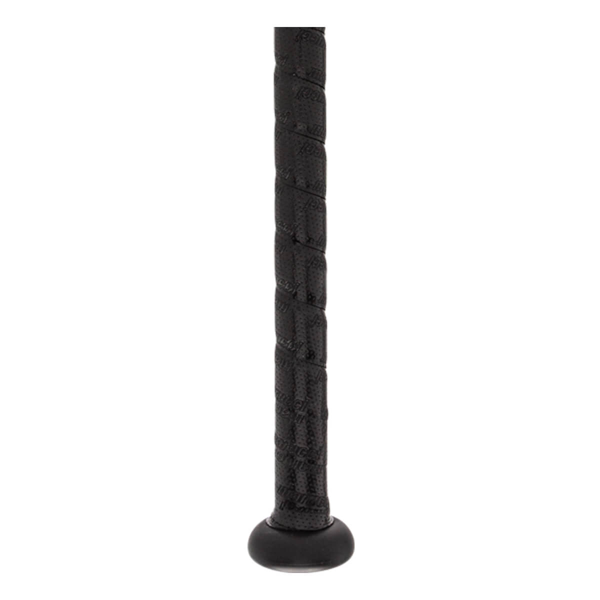 Close-up of a black baseball bat grip with a textured pattern and a black knob.
