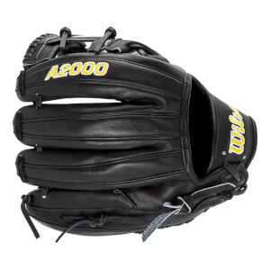 Back view of a black baseball glove featuring yellow and white "A2000" embroidery on the finger and a yellow "Wilson" logo on the wrist strap.
