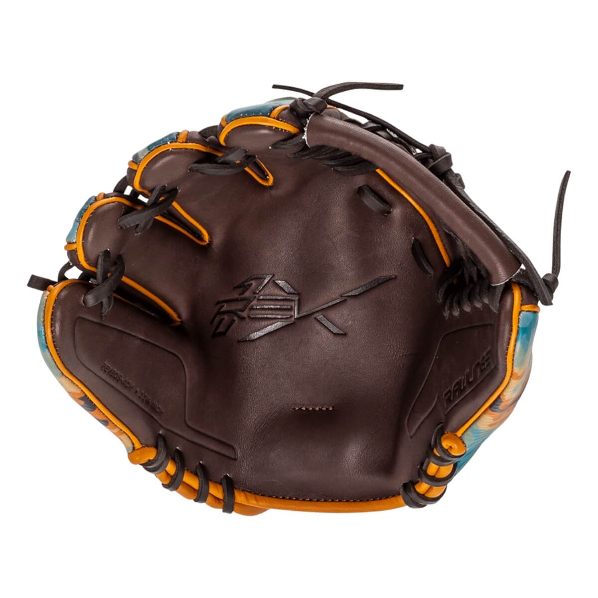 Front view of the brown leather palm and pocket showing a stamped REV1X logo, orange trim, and the brand name RAWLINGS embossed on the heel.
