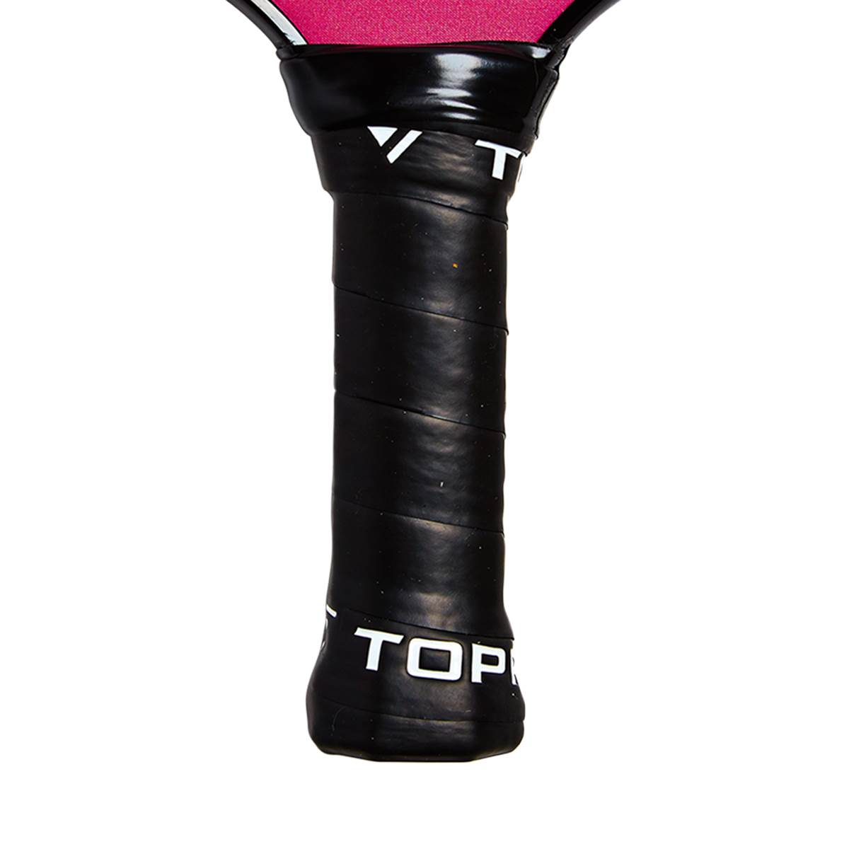 Close-up of a black pickleball paddle grip with white TOP text and a pink edge.