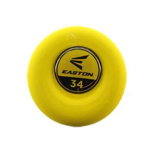 End view of a yellow baseball bat with an Easton logo and the number 34.