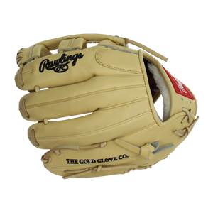 Front view of a tan baseball glove with Rawlings logo and THE GOLD GLOVE CO. text.