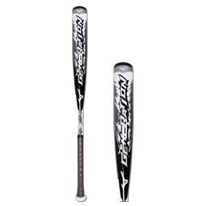Side view of a black baseball bat with white GENERATION text and Mizuno logo.