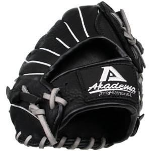 Close-up of a black baseball glove with white stitching and the Akadema Professional logo.