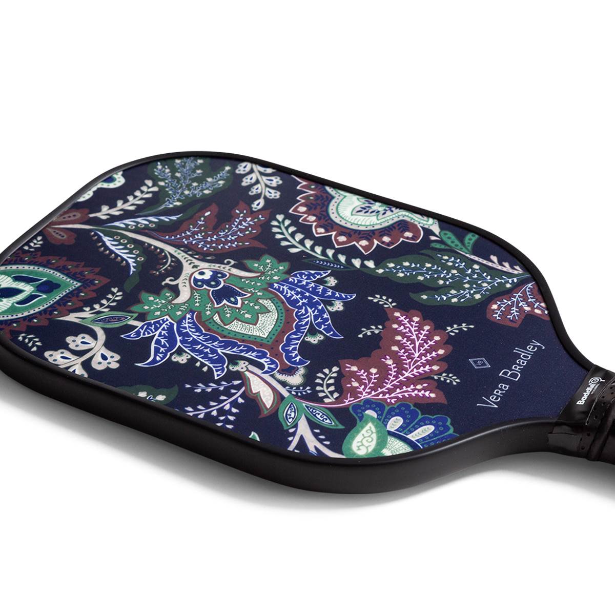 Corner view of a navy pickleball paddle with a paisley floral print and Vera Bradley text.