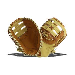 Top-down view of a tan first base mitt with tan lacing and Cypress Series text.