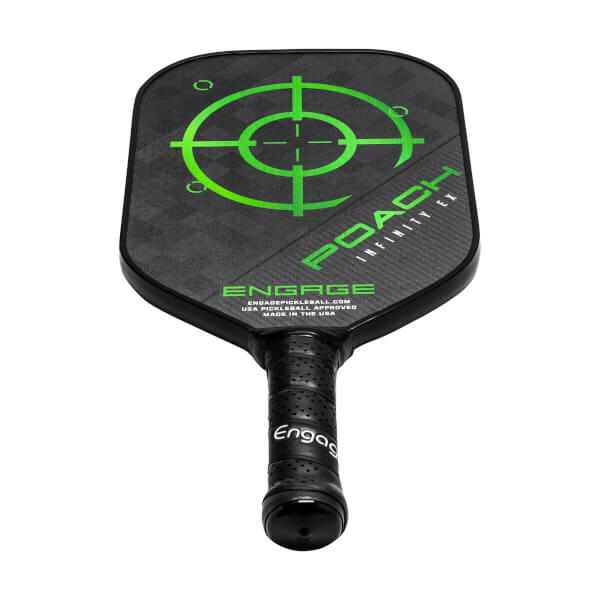 Top-down view of a black pickleball paddle with a green target design, POACH INFINITY EX text, and ENGAGE logo.