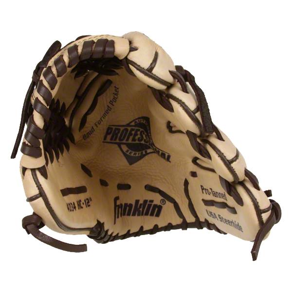 Interior view of a tan baseball glove with Franklin and Professional Series branding.
