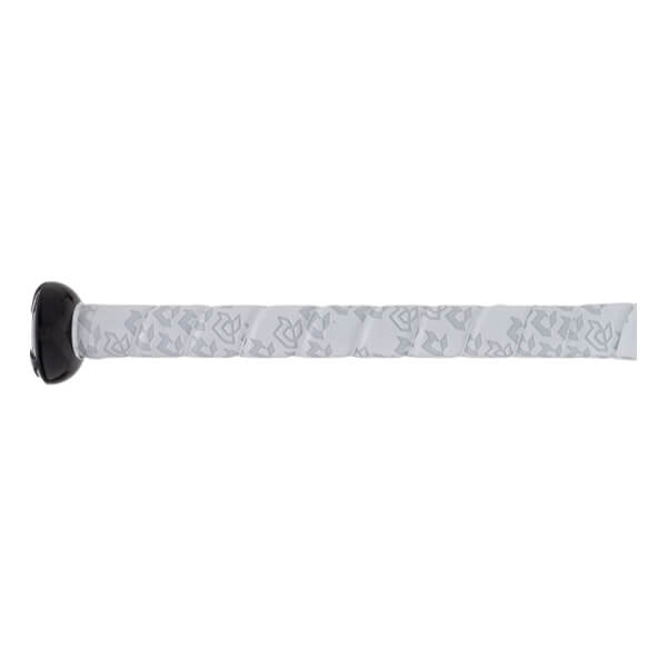 Close-up view of the bat handle features a black rounded knob and white grip tape with a repeating light gray R logo pattern.
