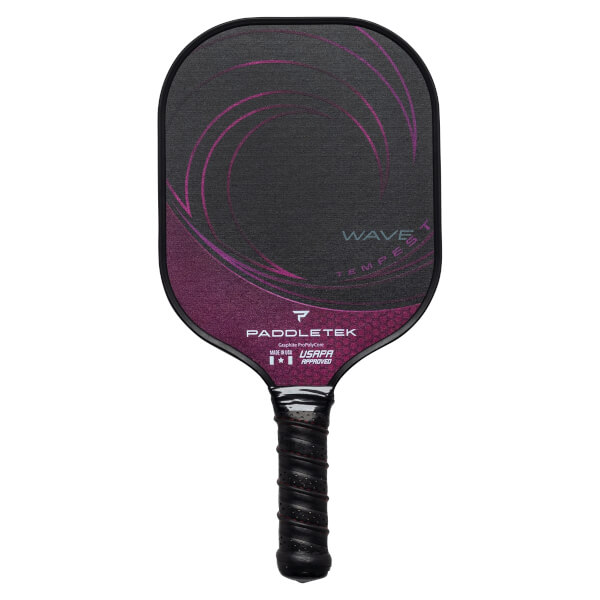 Front view of a black pickleball paddle with purple wave design, Paddletek branding, and USAPA approved logo.