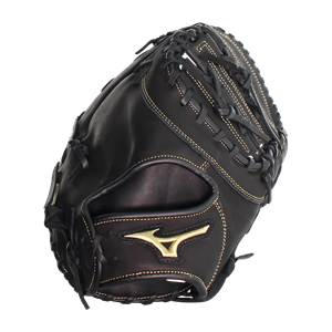 Corner view of a black baseball mitt with gold Mizuno logo and detailed stitching.