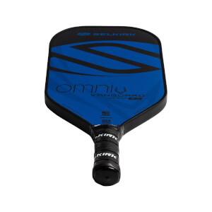 Top-down view of a blue Selkirk VANGUARD 2.0 Omni pickleball paddle with black grip and blue stripes.
