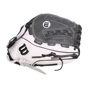 Side view of a white and black softball glove with Wilson logos and white stitching.