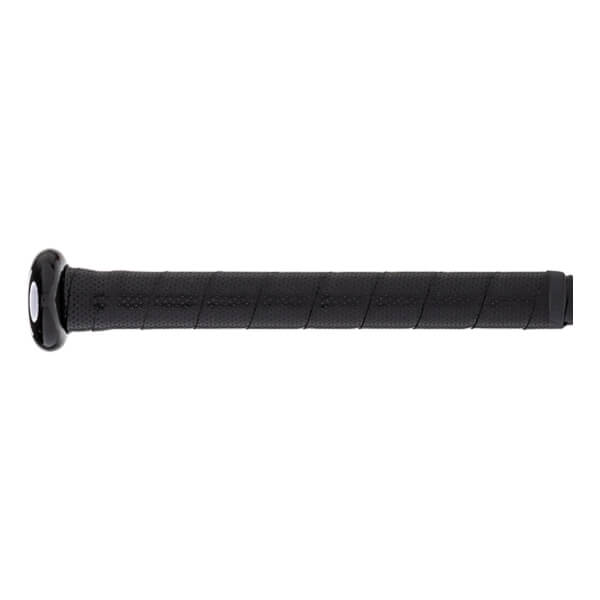 Side view of a black baseball bat with a perforated grip and a shiny black knob.