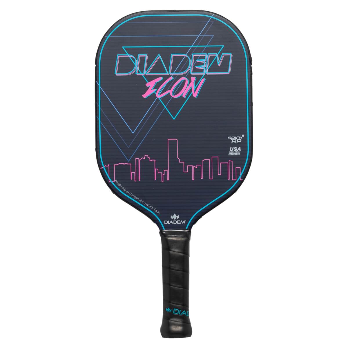 Front view of a dark blue Diadem Icon pickleball paddle with neon pink and blue geometric and city skyline graphics.
