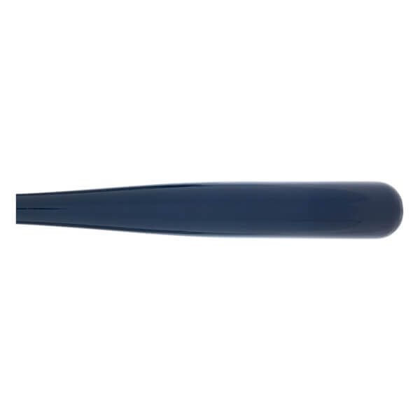 Side view of a blue baseball bat with a smooth, rounded end.