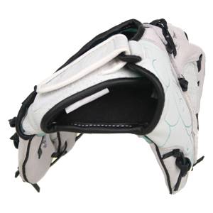 Top-down view of a white fastpitch glove with black lacing and teal stitching.