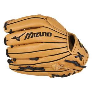 Side view of a tan baseball glove with black lacing and Mizuno branding.