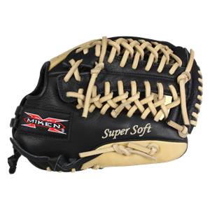 Front view of a black fastpitch glove with tan lacing and Super Soft text.