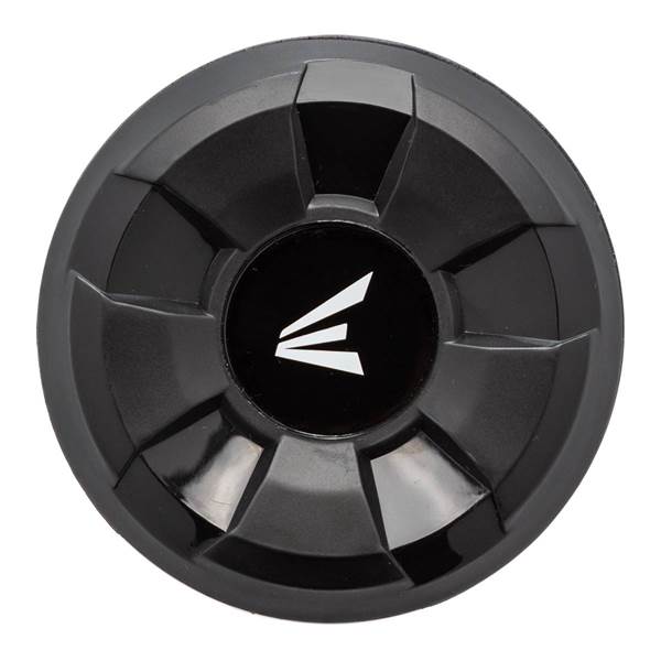Top-down view of a black baseball bat end cap with a white Easton logo and segmented design.
