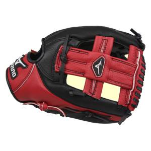 Side view of a red and black baseball glove with a Mizuno logo and MIZUNO text.