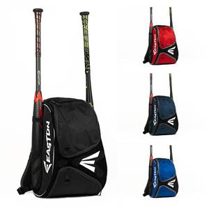 Front view of a black bat bag with two Easton bats and white Easton logos.