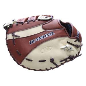 Front view of a brown and tan baseball glove with DIAMOND branding and a diamond logo.