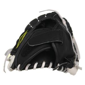 Side view of a black youth baseball glove with white lacing and a yellow logo.