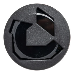 Top-down view of a black bat end cap with a textured outer ring and a glossy black stylized C design.