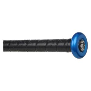 Side view of a black fastpitch softball bat with a blue end cap and Easton logo.