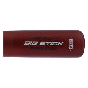 Close-up of a dark red baseball bat with BIG STICK and RAWLINGS text, and a BBCOR 50 logo.