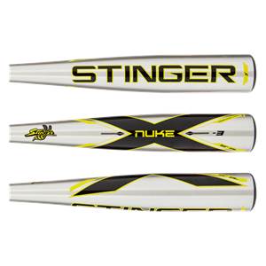 Top-down view of a silver baseball bat with black and yellow STINGER and NUKE text.