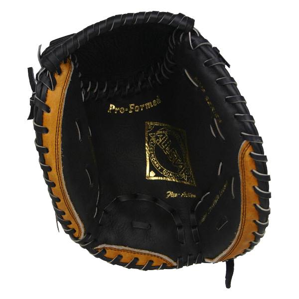 Inside view of a black youth fastpitch catchers mitt with tan accents, Pro-Formed text, and an All-Star logo.