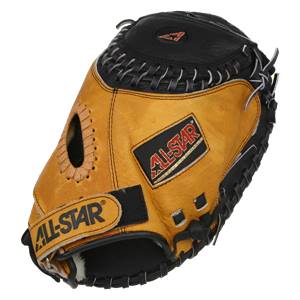 Front view of a tan and black catchers mitt with ALL-STAR logos and decorative lacing.