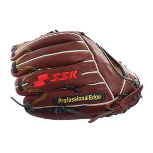 Side view of a brown baseball glove with red SSK logo and Professional Edge text.