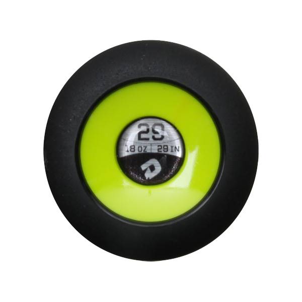 Top-down view of a black baseball bat end cap with a neon yellow insert showing 29 and 18 OZ 29 IN.