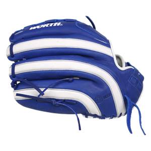 Side view of a royal blue baseball glove with white stripes and WORTH branding.