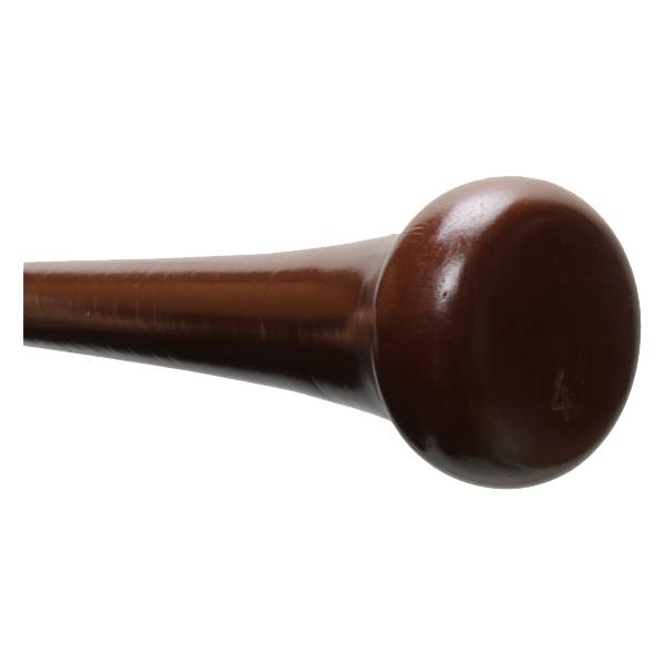 Side view of a brown baseball bat with a smooth, glossy finish and a rounded knob.