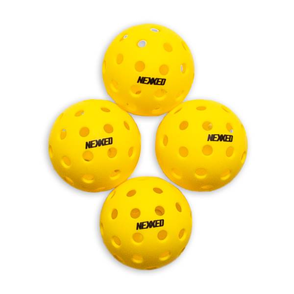 Top-down view of four yellow pickleball balls with NEXXED branding and circular holes.