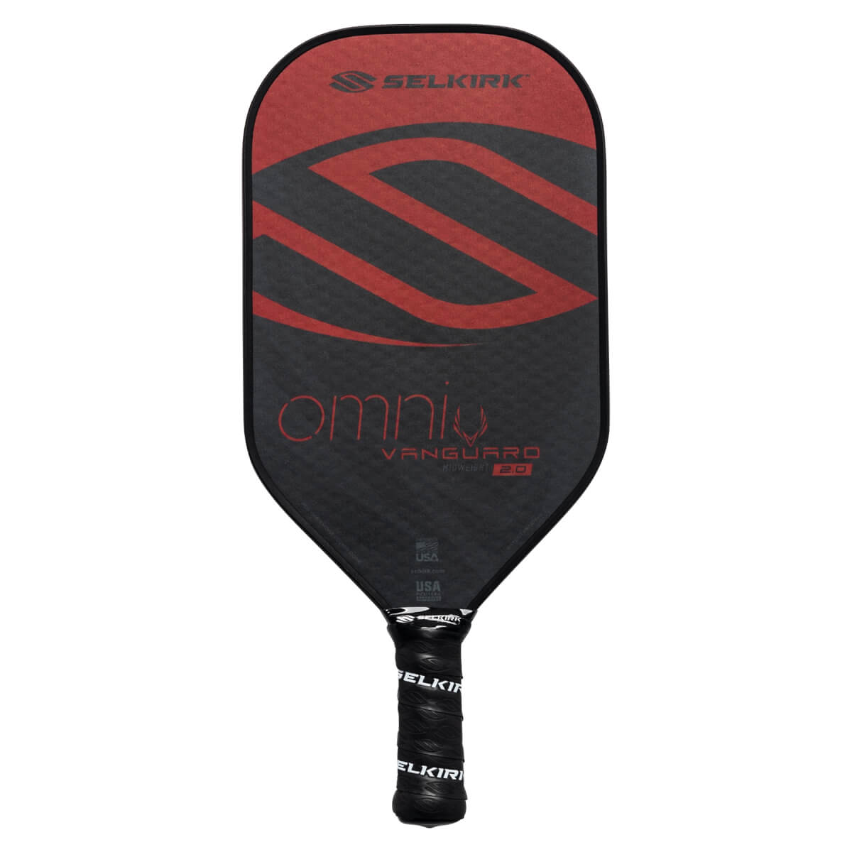 Front view of a black pickleball paddle with red Selkirk logo, omni text, and textured surface.