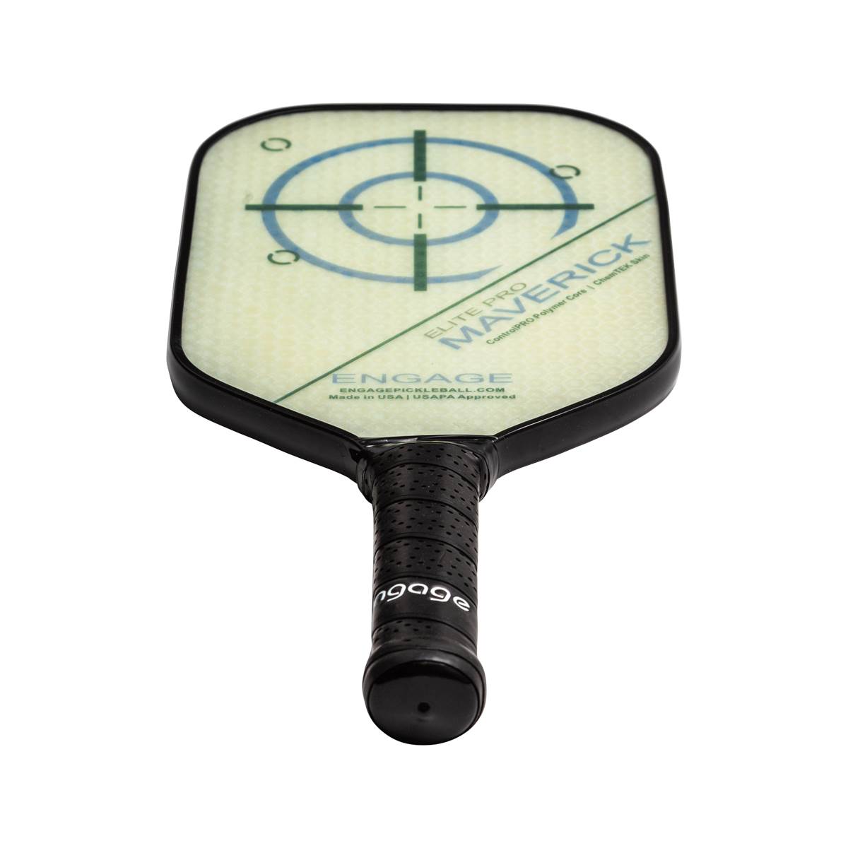 Top-down view of a cream pickleball paddle with a target design, Maverick text, and black grip.