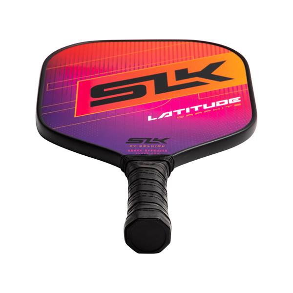 Top-down view of a multi-colored pickleball paddle with SLK and LATITUDE branding.