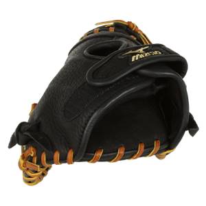 Side view of a black Mizuno first base mitt with tan lacing and a gold logo.
