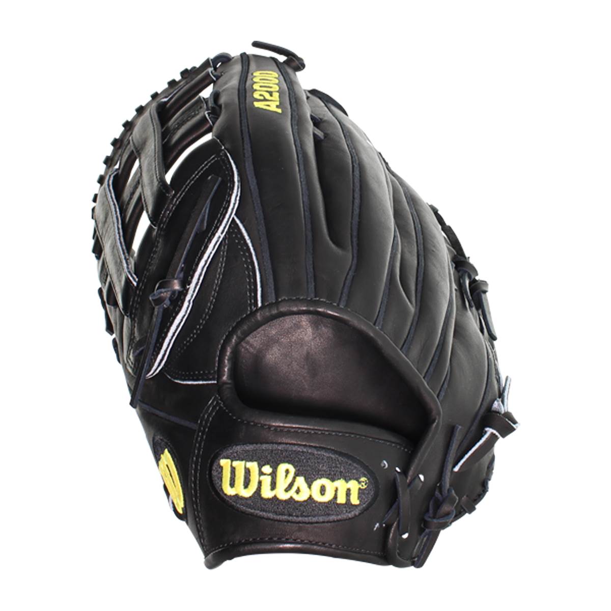 Side view of a black baseball glove with yellow Wilson branding and A2000 text.