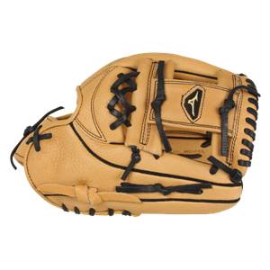 Front view of a tan baseball glove with black lacing and a Mizuno logo.